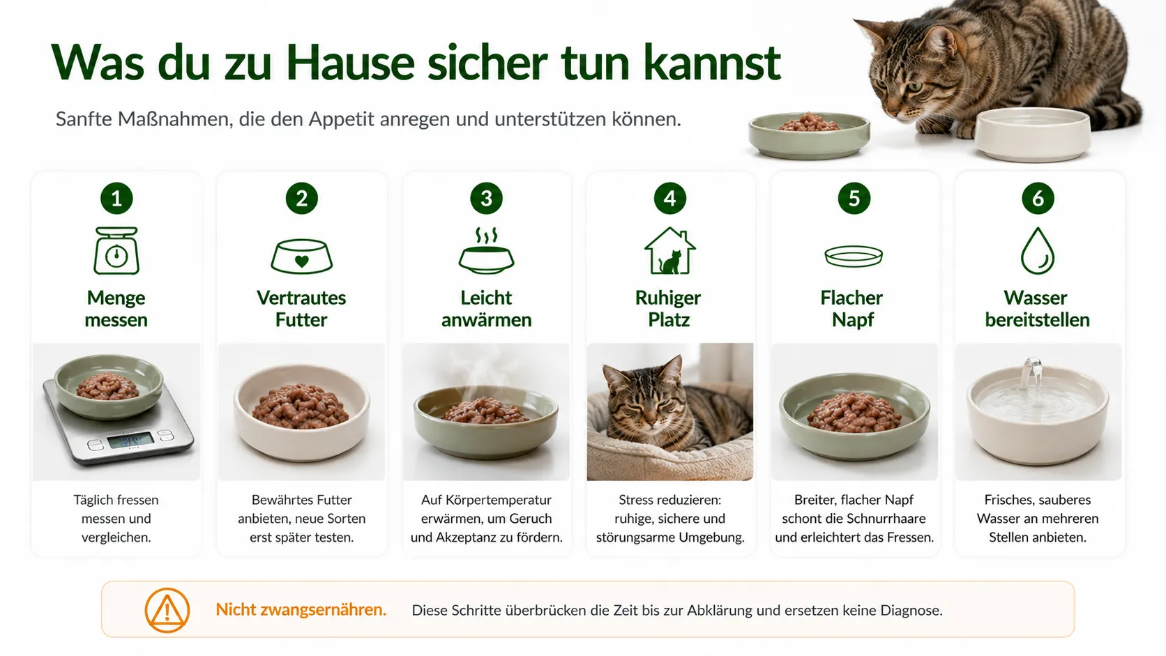 Sechs sichere Schritte zur Beobachtung und Unterstützung einer Katze mit vermindertem Appetit