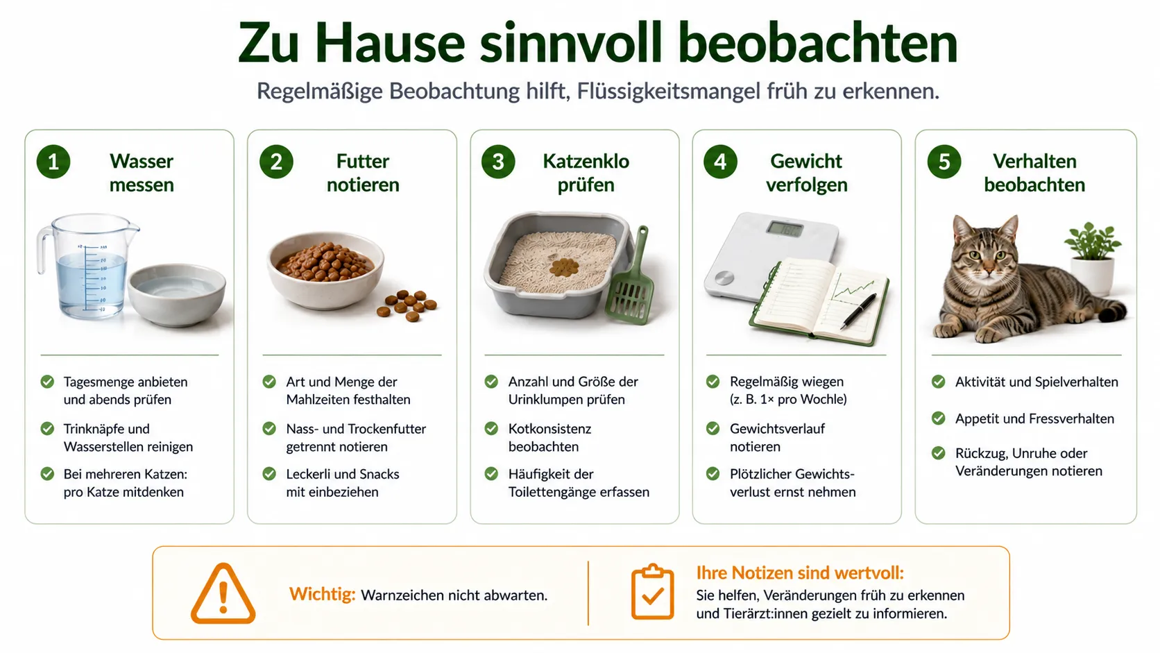 Schritt-für-Schritt-Plan zur Beobachtung von Wasser, Futter, Katzenklo, Gewicht und Verhalten