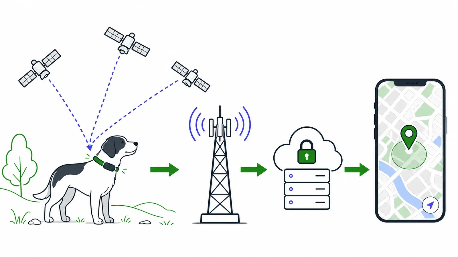 Datenkette vom Tracker über Satellitenortung, Mobilfunk und Server bis zur Smartphone-Karte.
