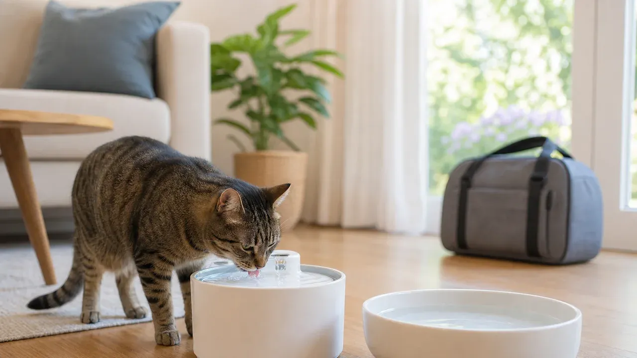 Katze am Trinkbrunnen mit zusätzlichem Wassernapf als Absicherung