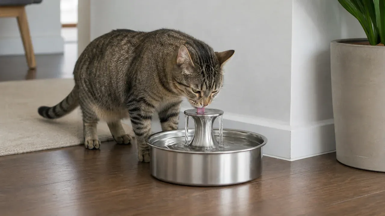 Katze trinkt aus einem leicht zerlegbaren filterlosen Trinkbrunnen