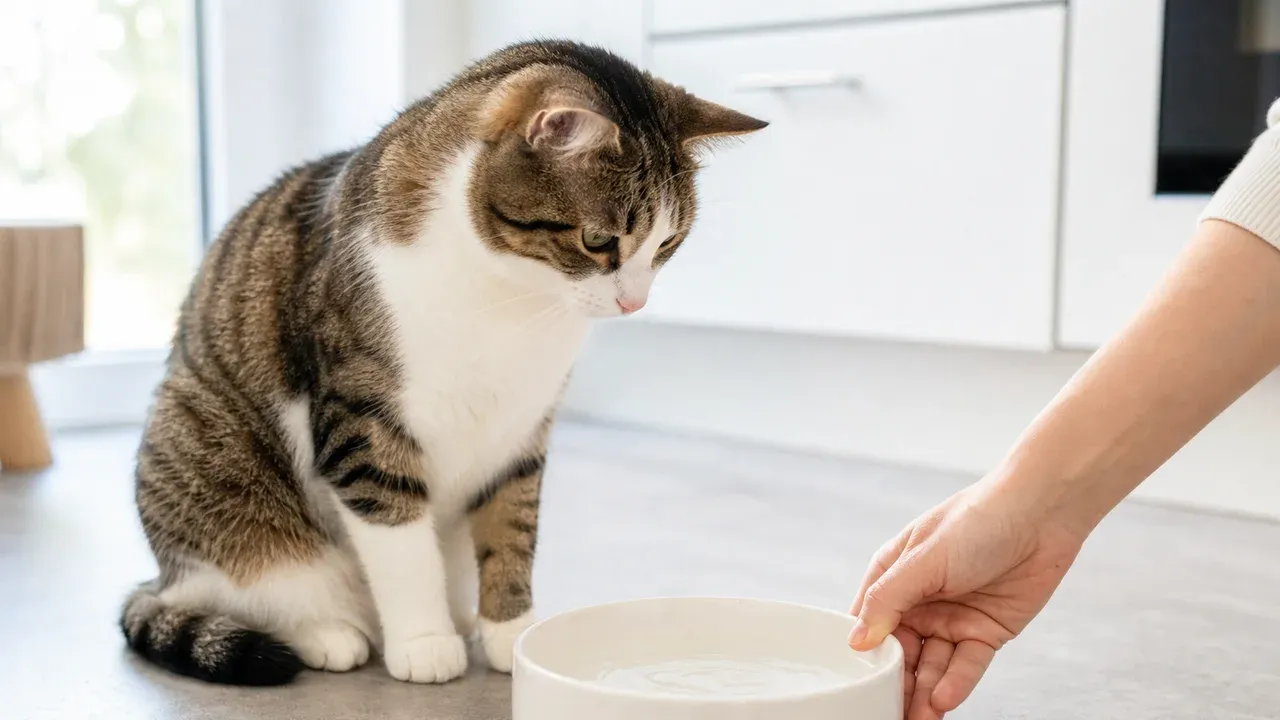 Katze neben einem frisch befüllten breiten Wassernapf