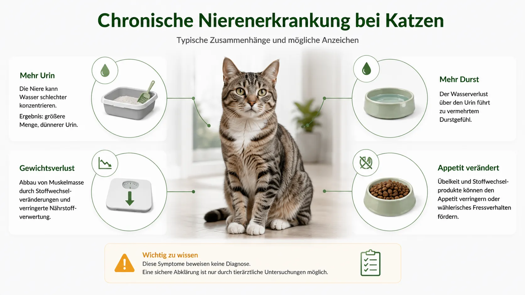 Übersicht typischer Zusammenhänge bei chronischer Nierenerkrankung: mehr Urin, mehr Durst, Gewichtsverlust und Appetitveränderung