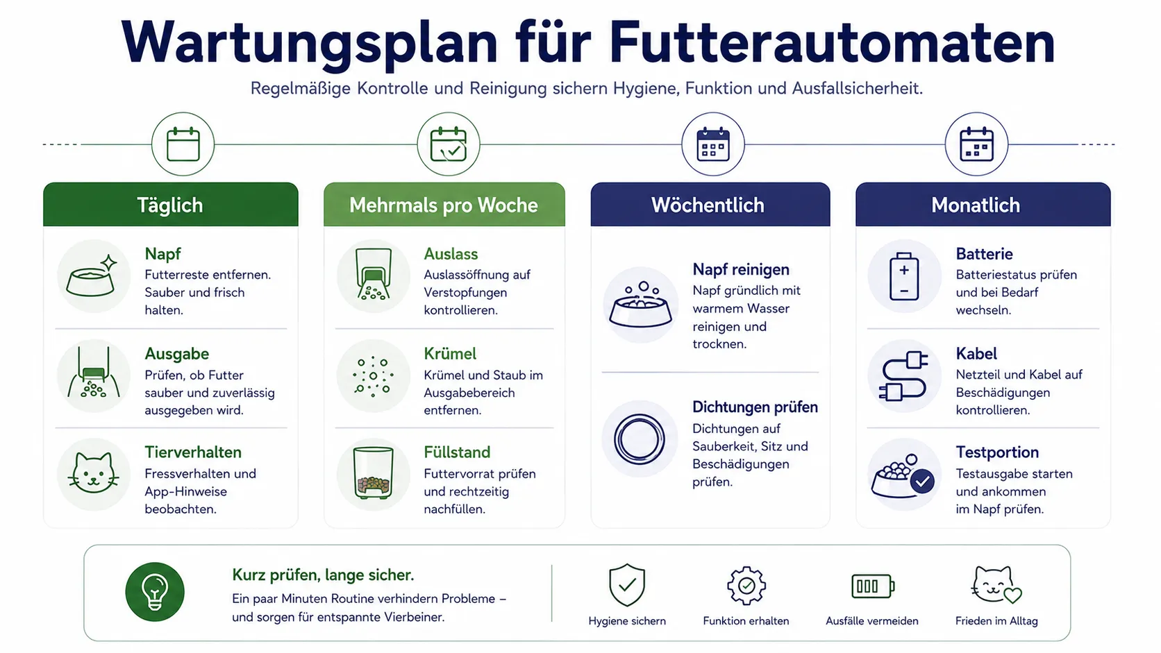 Wartungskalender für Futterautomaten mit täglichen, wöchentlichen und monatlichen Kontrollen.