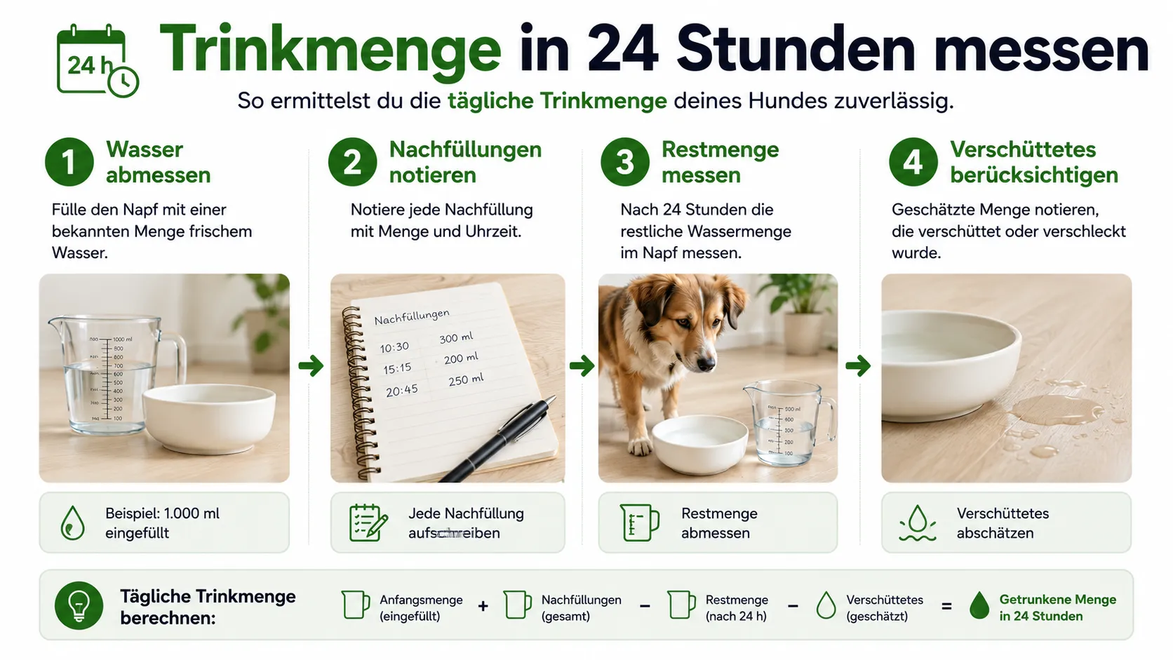 Schrittfolge zum Messen der tatsächlichen Wasseraufnahme eines Hundes