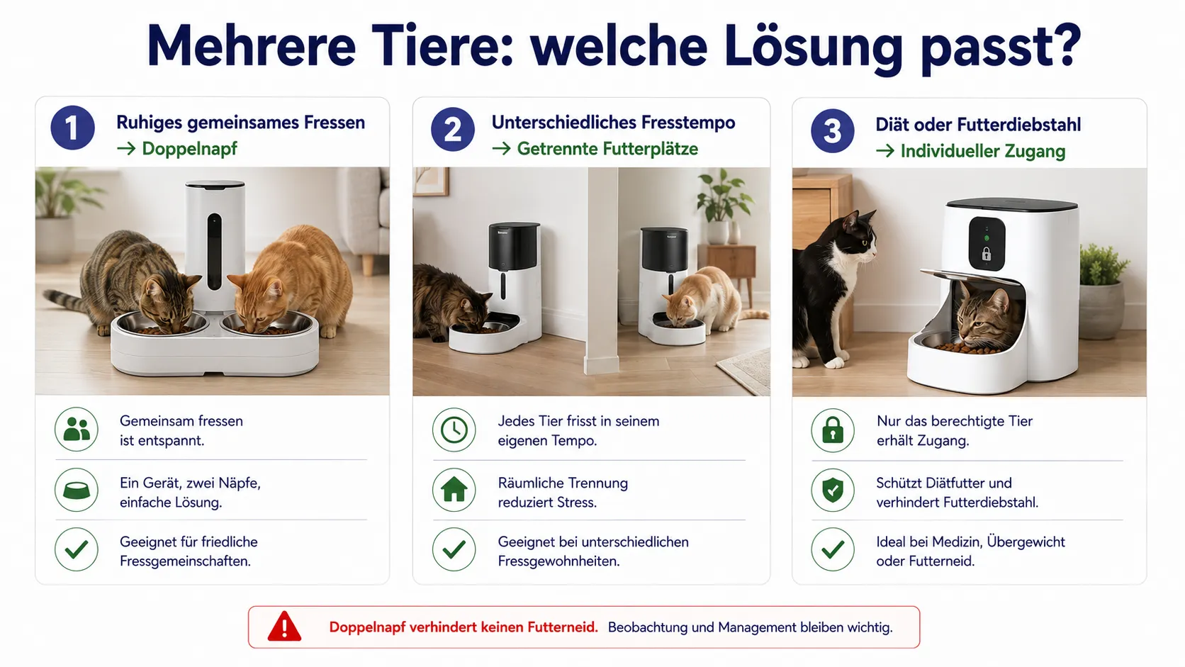 Lösungsübersicht für Mehrtierhaushalte mit Doppelnapf, getrennten Automaten und individueller Zugangskontrolle.