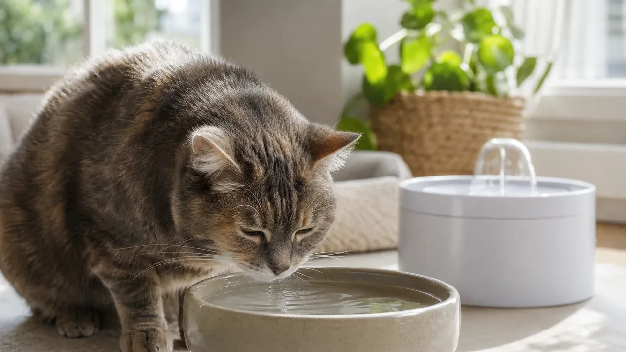 Ältere Katze trinkt aus einem breiten gut erreichbaren Wassernapf