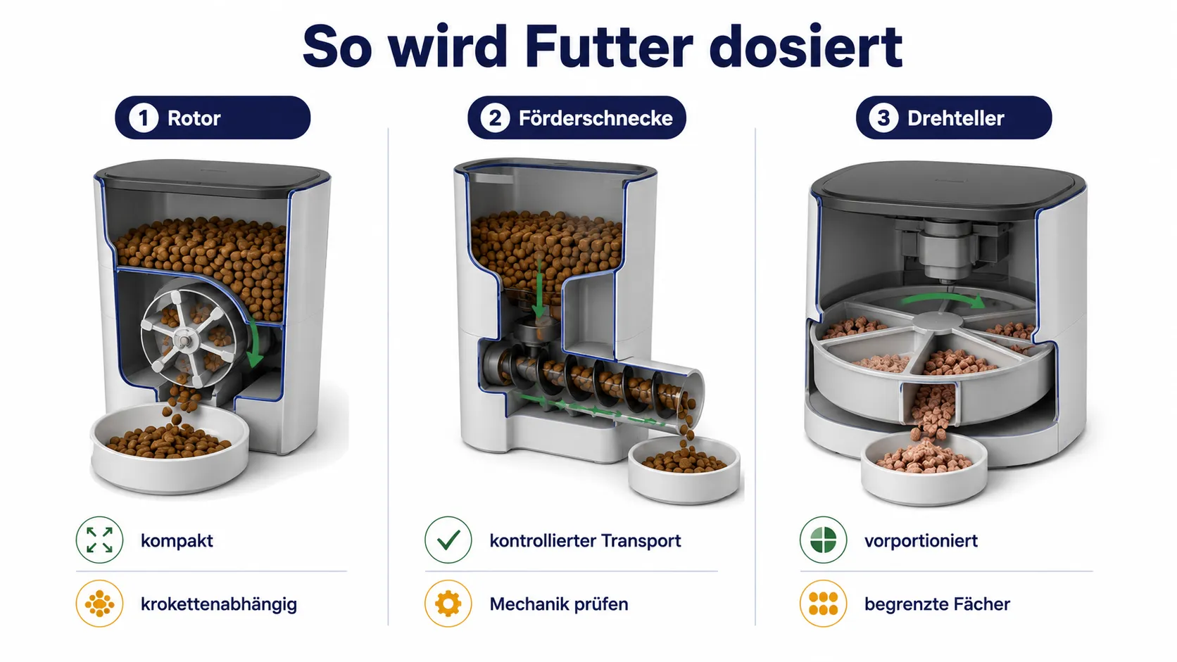 Schematische Darstellung von Rotor, Förderschnecke und Drehteller als Dosiersysteme in Futterautomaten.