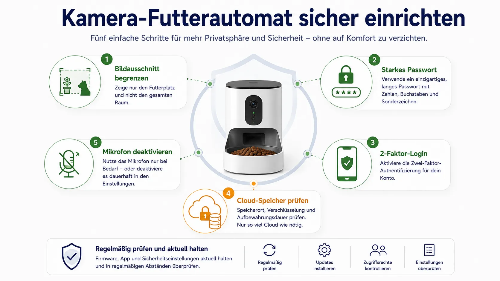 Datenschutz- und Sicherheitscheck für Futterautomaten mit Kamera, Mikrofon, App und Cloud-Speicher.