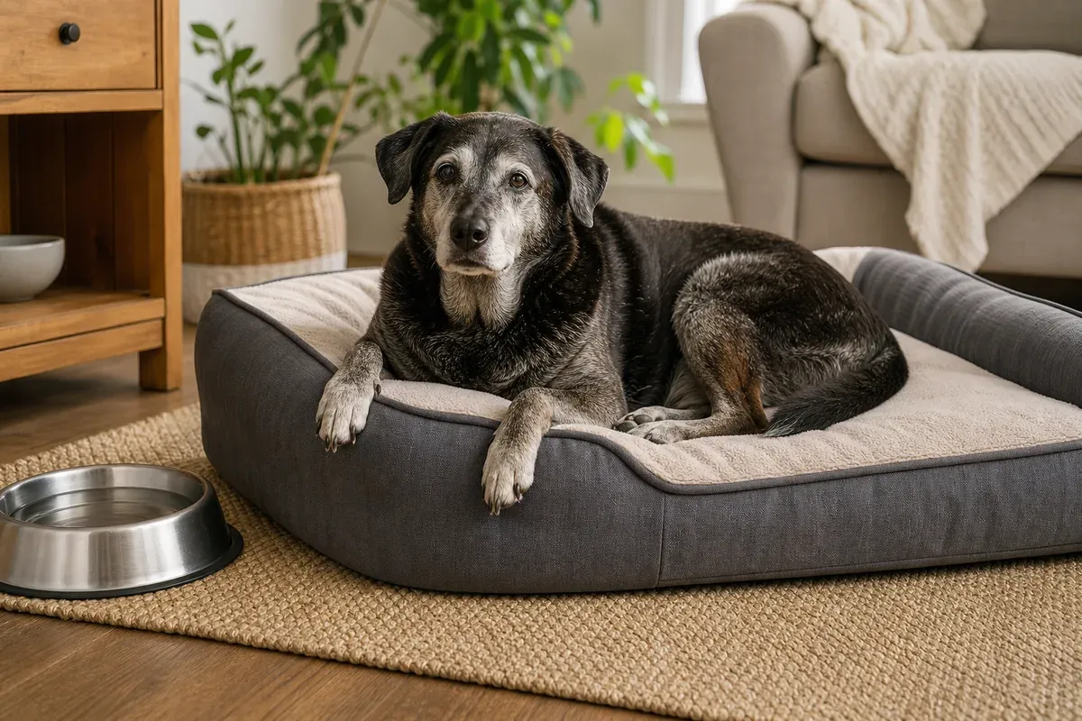 Älterer Hund ruht entspannt in einem seniorengerecht eingerichteten Zuhause