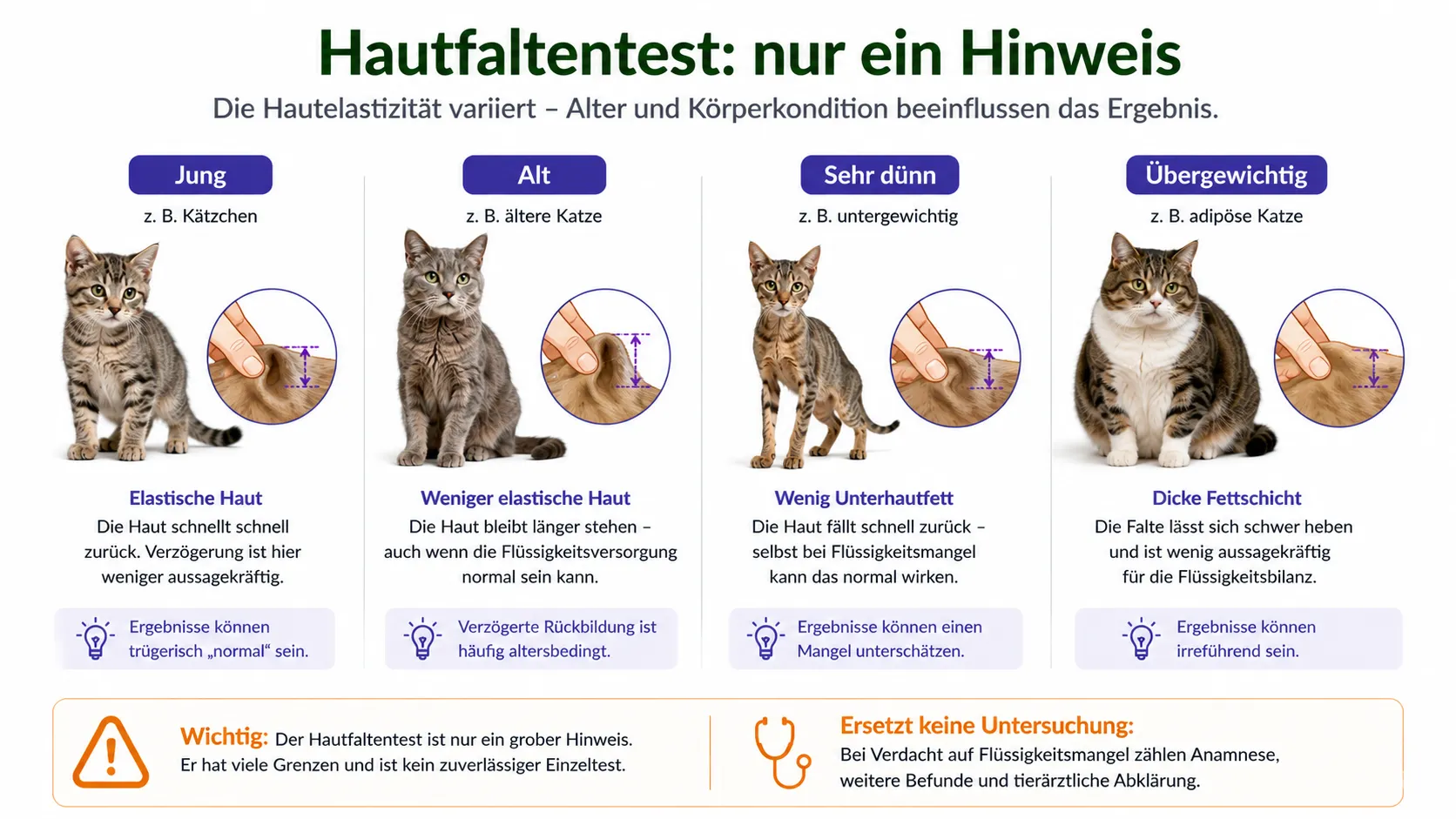 Vergleich der Grenzen des Hautfaltentests bei junger, älterer, dünner und übergewichtiger Katze