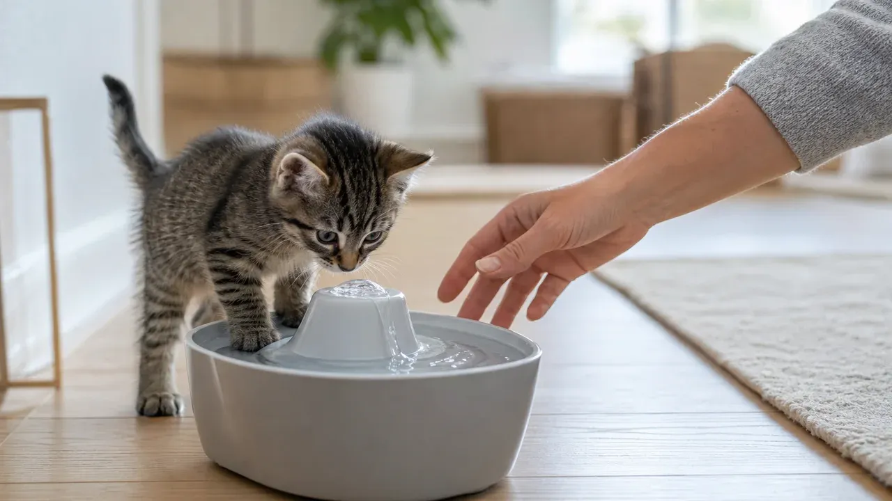 Kitten erkundet unter Aufsicht einen standsicheren flachen Trinkbrunnen