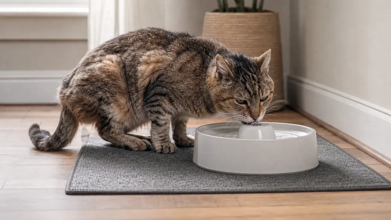 Ältere Katze trinkt bequem aus einem niedrig zugänglichen Trinkbrunnen