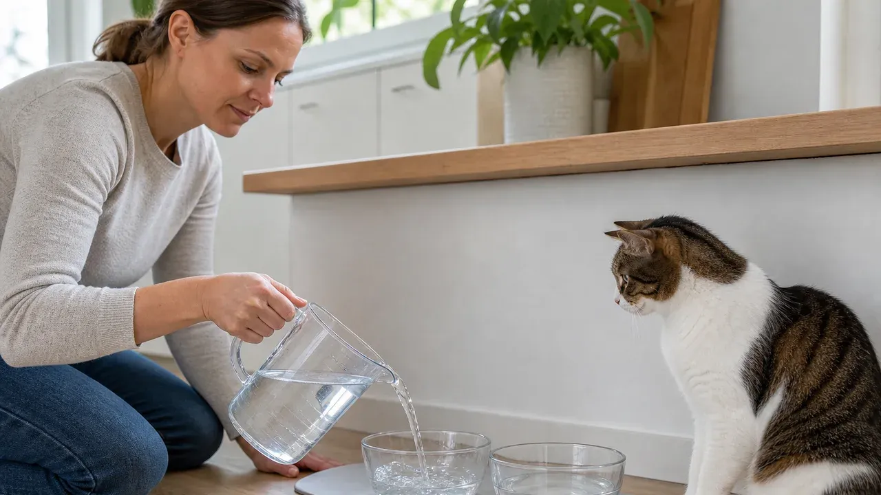 Wasser wird mit einem Messbecher für eine Katze portioniert