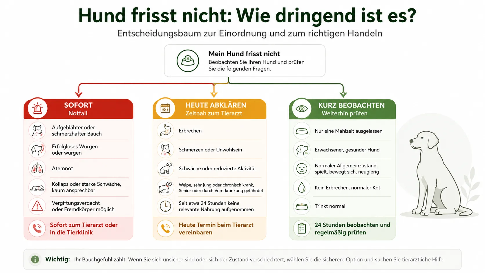 Entscheidungsbaum zur Dringlichkeit bei einem Hund, der nicht frisst