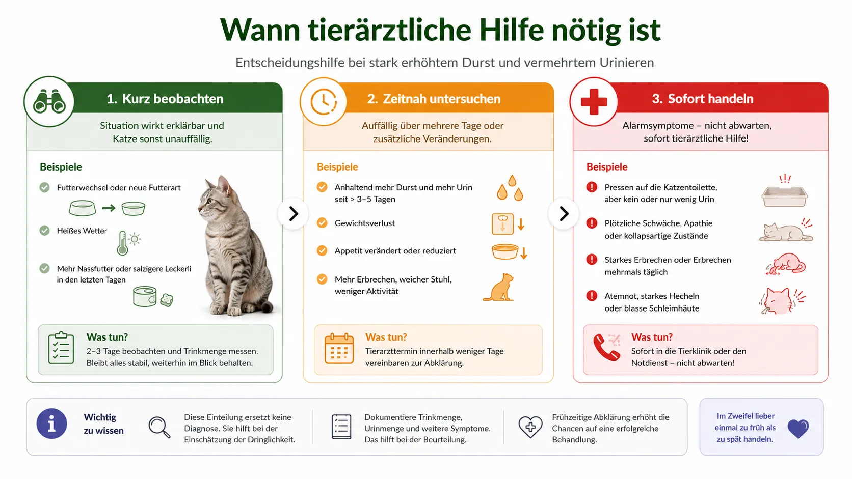 Entscheidungshilfe bei starkem Durst mit den Stufen beobachten, zeitnah untersuchen und sofort handeln