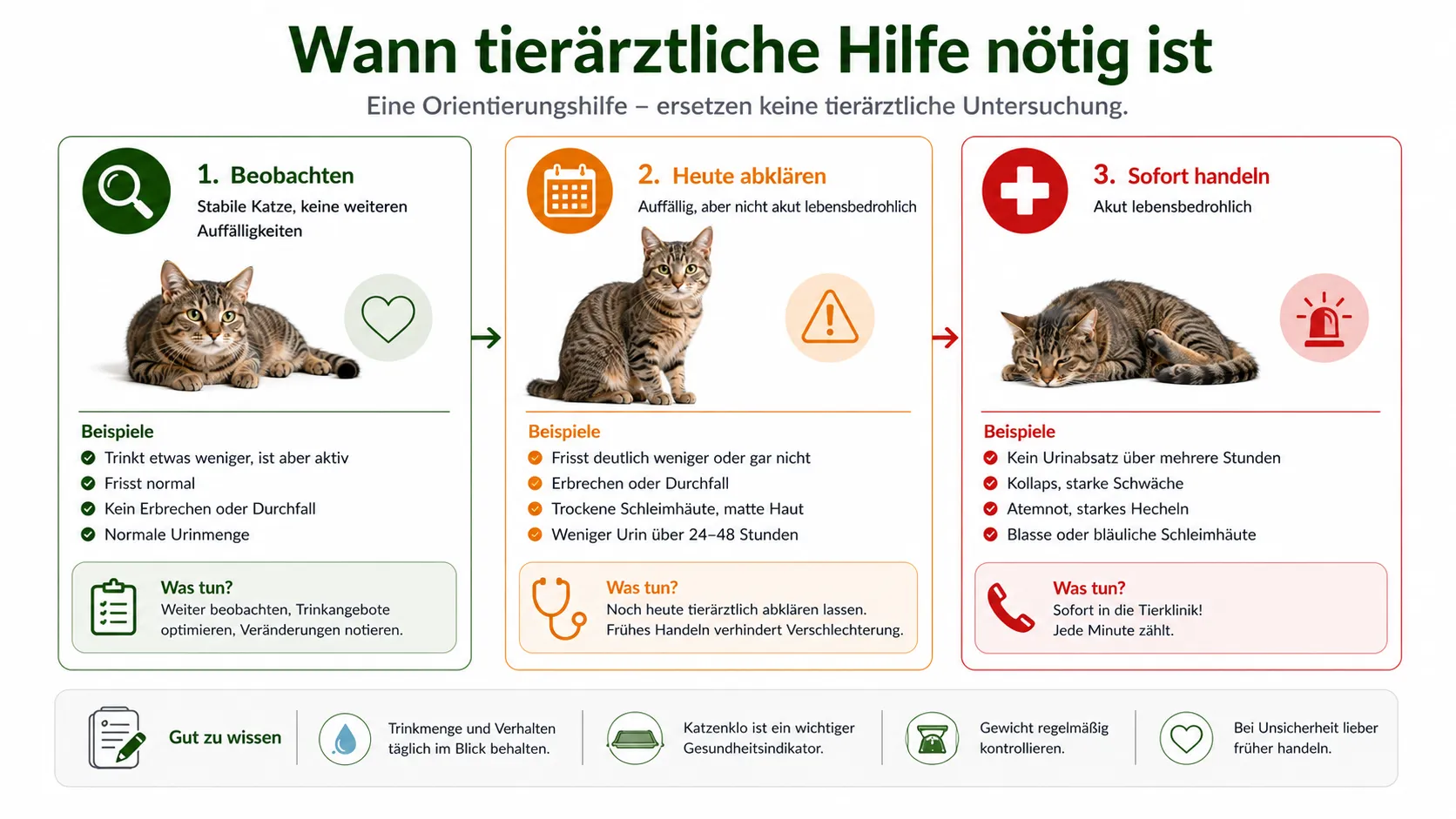 Entscheidungshilfe von Beobachtung bis tierärztlichem Notfall bei verändertem Trinkverhalten