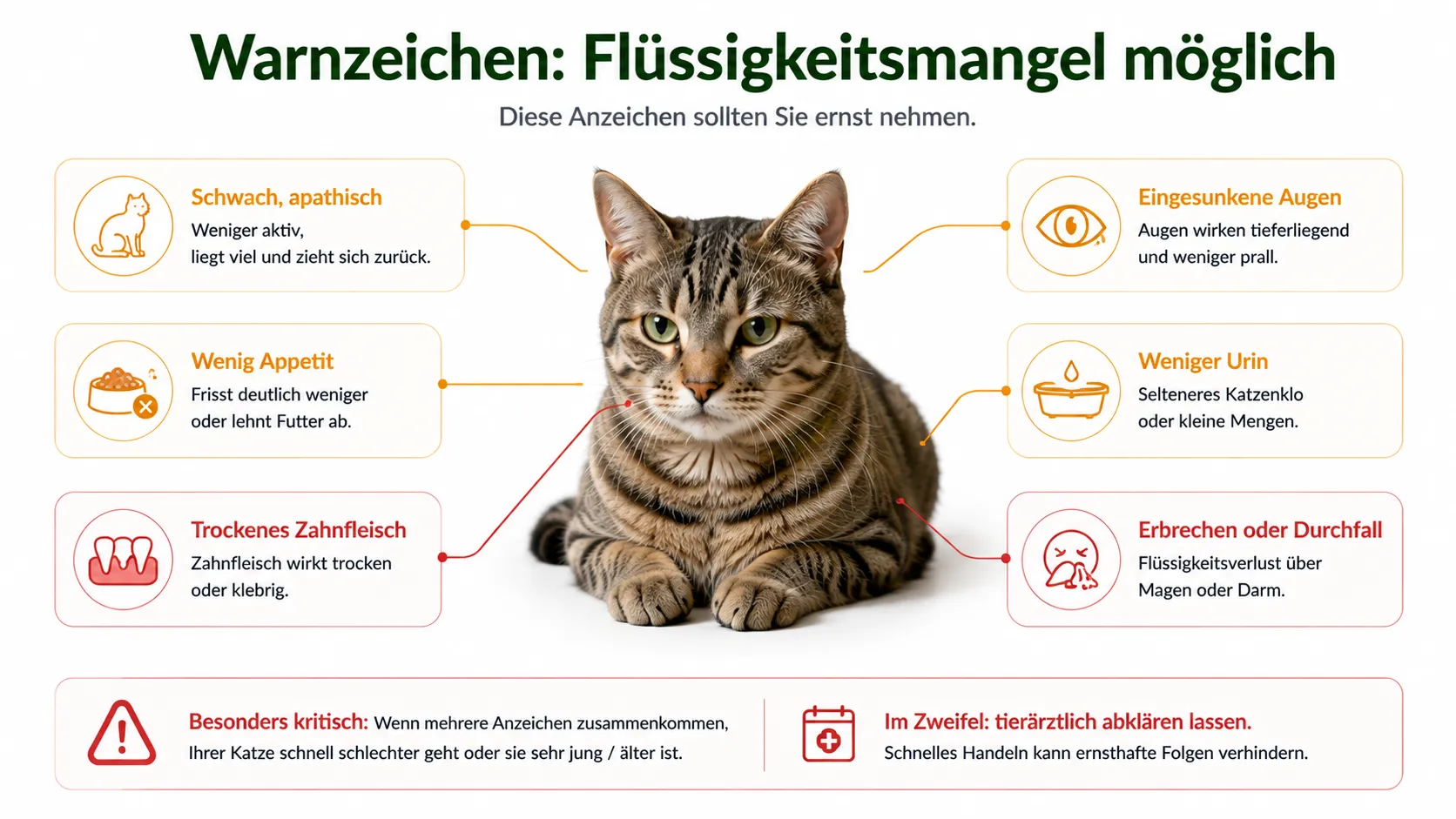 Körperliche und verhaltensbezogene Warnzeichen für möglichen Flüssigkeitsmangel bei einer Katze