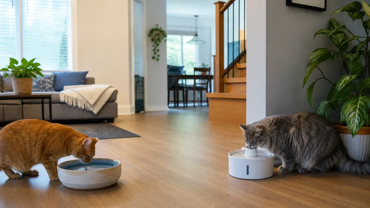 Zwei Katzen mit räumlich getrennten Wasserstellen in einer Wohnung